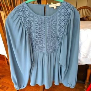 LOFT XS Women's Blue Grey Peasant Blouse with Lace Detail